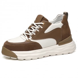 Stylish Elevator Platform Sneakers Brown Cowhide High Top Skate Shoes Increase 3inch / 7.5cm