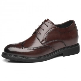 Versatility Hidden Lift Brogue Shoes Brown Cowhide Wing Tip Business Derbies Get Taller 3inch / 7.5cm