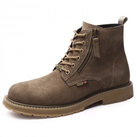 Khaki Cowhide Taller Martin Boots Lace Up Side Zip Hidden Height Chukka Boot Add 7cm / 2.8inch