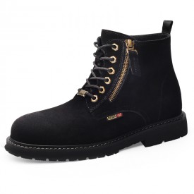 Black Cowhide Taller Martin Boots Lace Up Side Zip Elevator Chukka Boot Increase 7cm / 2.8inch