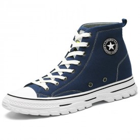 Classic Hidden Lift High Top Canvas Shoes Blue Lace Up Fashion Plimsolls Add Height 2.4inch / 6cm