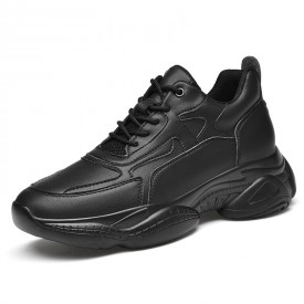 Unisex Hidden Height Chunky Sneakers Black Leather Elevator Dorky Dad Shoes Get Tall 3.2inch / 8cm