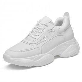 Unisex Hidden Taller Chunky Sneakers White Leather Elevator Dorky Dad Shoes Increase 3.2inch / 8cm