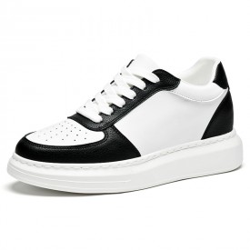 Chic Elevator Platform Sneakers Black Genuine Leather Young Skate Shoes Gain Taller 2.4inch / 6cm