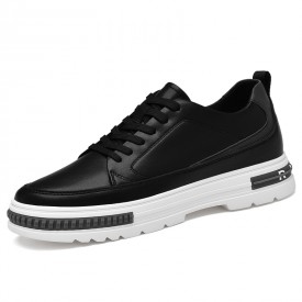 Simplicity Elevator Walking Shoes Black Leather Lace Up Fashion Trainers Add Height 2.4cm / 6cm