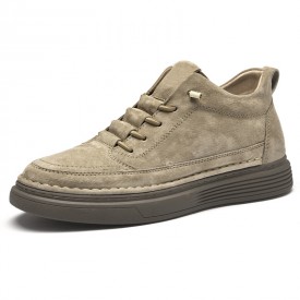 All Match Elevator Casual Skate Shoes Khaki Nubuck Leather Large Size Sneakers Add 2.4inch / 6cm