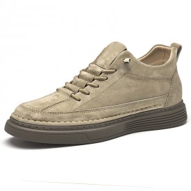 Retro Elevator Casual Sports Shoes Khaki Nubuck Leather Large Size Skate Shoes Add 2.4inch / 6cm