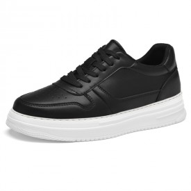 Ultra Lightweight Height Increasing Sneakers Breathable Black Leather Skate Shoes Gain 2.4inch / 6cm