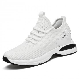 White Hidden Lift Minimalist Sneakers Soft Flyknit Elevator Workout Shoes Add Height 3 inch / 7.5 cm