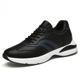 Hidden Taller Versatile Walking Shoes Black Leather Elevator Workout Sneakers Height 2.8inch / 7cm