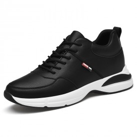 Fresh Hidden Lift Men Trainers Black Leather Lace Up Casual Walking Shoes Increase 2.8inch / 7cm