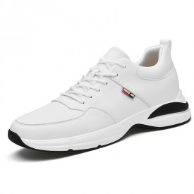 Fresh Elevator Men Trainers White Leather Lace Up Casual Walking Shoes Add Taller 2.8inch / 7cm