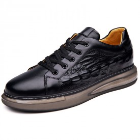 Black Elevator Air Cushion Sneakers Low Top Crocodile Pattern Leather Skate Shoes Taller 2.4inch / 6cm