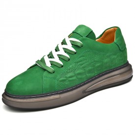 Green Lift Air Cushion Sneakers Low Top Crocodile Pattern Leather Skate Shoes Height 2.4inch / 6cm