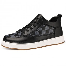 Vogue Elevator Skateboarding Shoes Black Printed Leather Hidden Lift Trainers Get 2.4inch / 6cm