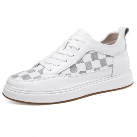 Vogue Elevator Skateboarding Shoes White Printed Leather Hidden Lift Trainers Gain 2.4inch / 6cm