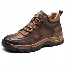 Best Elevator High Top Hiking Shoes Brown Cowhide Outdoor Work Shoes Gain Taller 2.6inch / 6.5cm