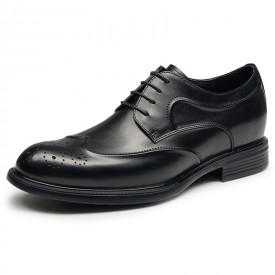 Superior Hidden Lift Brogue Shoes Black Wing Tip Formal Business Derbies Add Height 2.6inch / 6.5cm