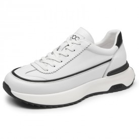 Lightweight Height Increasing Court Sneakers White Cowhide Chunky Sole Shoes Add 2.4inch / 6cm