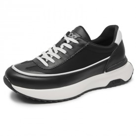 Lightweight Height Increasing Court Sneakers Black Cowhide Chunky Sole Shoes Gain 2.4inch / 6cm