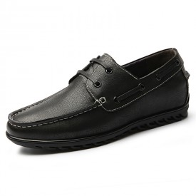 Clearance Retro Elevator Boat Shoes Black Soft Leather Lace Up Heighten Shoes Taller 2.2inch / 5.5cm