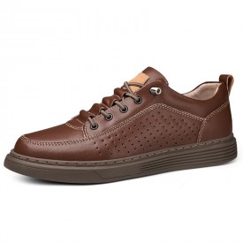 Perforated Hidden Lift Skate Shoes Brown Breathable Elevator Low Top Trainers Get Taller 2inch / 5cm