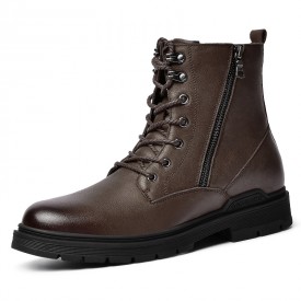 Tall Men Double Zip Boots Brown Calf Leather Tactical Chukka Boot Warm Military Boots Add 2.6inch / 6.5cm