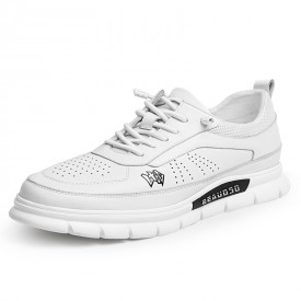 Lightweight Hidden Height Skate Shoes White Perforated Leather Walking Running Shoes 2.4inch / 6cm 