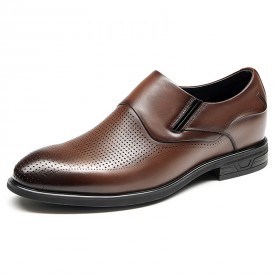 Stylish Height Increasing Formal Sandals Brown Calfskin Perforated Business Loafers Get 2.6inch / 6.5cm