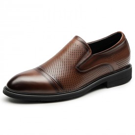 Exquisite Elevator Cap Toe Perforated Loafers Brown Cowhide Taller Slip On Dress Shoes 2.6inch / 6.5cm