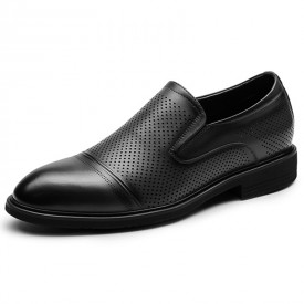 Exquisite Elevator Cap Toe Perforated Loafers Black Cowhide Lift Slip On Dress Shoes 2.6inch / 6.5cm