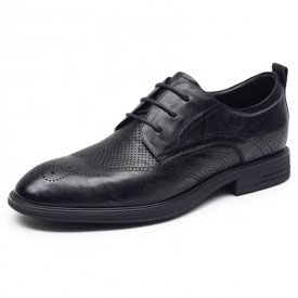 Perforated Elevator Brogue Derby Shoes Black Wing-Tip Formal Sandals Increase Height 2.6inch / 6.5cm