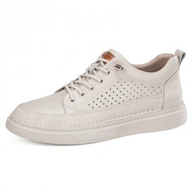 Retro Beige Elevator Perforated Sneakers European Hidden Heel Casual Skate Shoes Add 2.4inch / 6cm