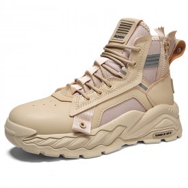 Rugged Style LIft Men Chunky Sneakers Khaki Side ZIpper High Top Dad Shoes Add Height 3inch / 7.5cm