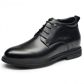 Winter Warm Elevator Dress Boots Black Premium Calfskin Side Zip Wool Formal Shoes 2.6inch / 6.5cm