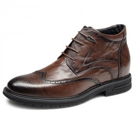 Exalted Elevator Brogue Boots Brown Side Zip Warm High Top Formal Shoes Add Height 2 6inch / 6.5cm