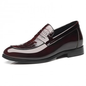 Shiny Hidden Lift Penny Loafers Wine Red Embossed Patent Leather Slip On Shoes Add 2.4inch / 6cm