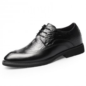 Black Crocodile Embossed Tuxedo Shoes Perforated Elevator Formal Oxfords Increase 2.6inch / 6.5cm