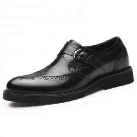 Black Buckle Elevator Brogue Shoes British Wing Tip Formal Dress Shoes Increase 2.8inch / 7cm