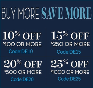 10% off over $100, 15% off over $250, 20% off over $500, and 25% off over $1000.